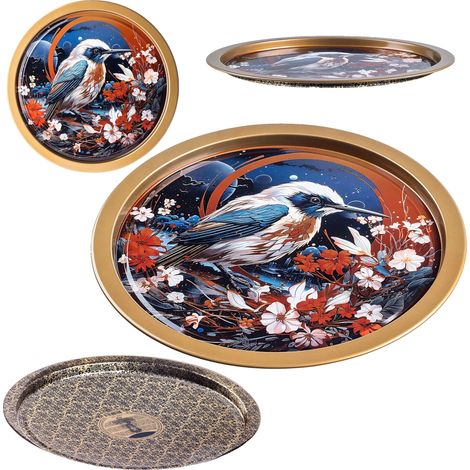 Bandeja circular de metal, 32,5 cm de diámetro, diseño litografiado, para uso decorativo o para servir, fácil de limpiar. (1/5)