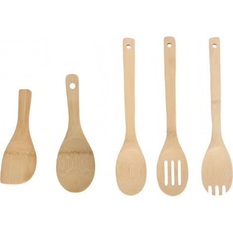 Ensemble de 5 ustensiles de cuisine et cuillères en bambou avec trous compatibles lave-vaisselle et adaptés aux revêtements antiadhésifs couleur bois naturel (1/5)