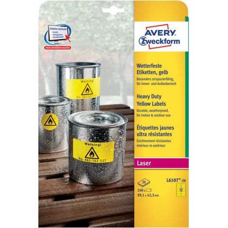 Avery L6107-20 selbstklebendes Etikett Abgerundetes Rechteck Dauerhaft Gelb 240 Stück(e)