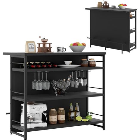 COSTWAY Ilot Central Cuisine avec Grand Plan de Travail, Bar à 4 Niveaux avec 3 Étagères Ouvertes, Casier à Vin et Supports pour Verres à Pied, Repose-Pieds Ergonomique, 60 x 120 x 101 cm, Noir (1/5)