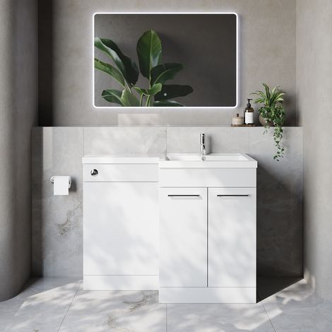 Napoli 460 Gloss White 1100mm 2 Door Vanity Unit Toilet Suite with Right Hand Square Lucia Basin - 1100mm - Chrome 160mm HandleWithout Kingston Toilet Pan