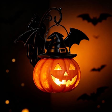 Halloween Wandleuchte Fledermaus Hut und Kürbis Deko für Laden Garten und Außenbereich (1/4)