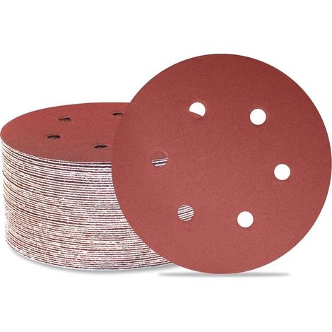 Lot de 50 disques de ponçage 150 mm 6 trous Grain 180 Papier abrasif Orbital aléatoire pour travail du bois, automobile, métal (1/5)