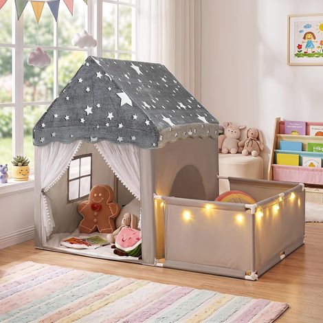 COSTWAY Tente Enfant Intérieur avec Parc & Lumières Étoilées (Gris) (1/5)