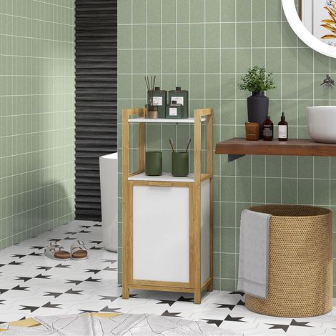 Meuble sur pied en bambou panier à linge salle de bain gain de place - 2 étagères - dim. 40L x 30l x 86,5H cm