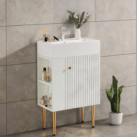Meuble sous vasque avec vasque intégrée 55 cm blanc MDF en MDF (1/5)