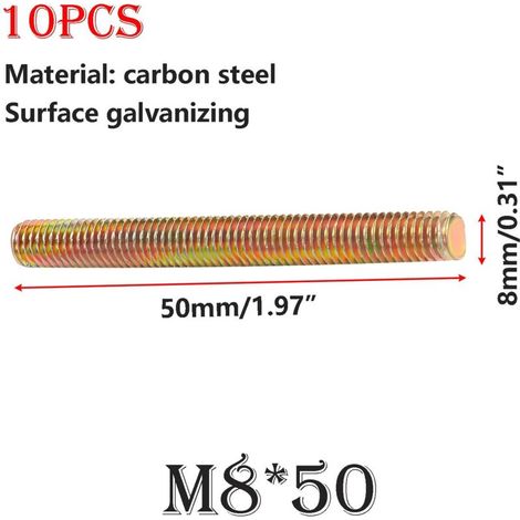 10 Pieces Threaded Rod, Threaded Screw, M8 x 50 mm Galvanized Threaded Rod Fully Threaded Rod, for Assembly Fastening (1/5)