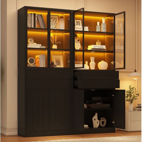 Lot de 2 vitrines de salon LED Bluetooth 140x34x180 cm en panneaux de particules et verre noir REDOM (1/5)