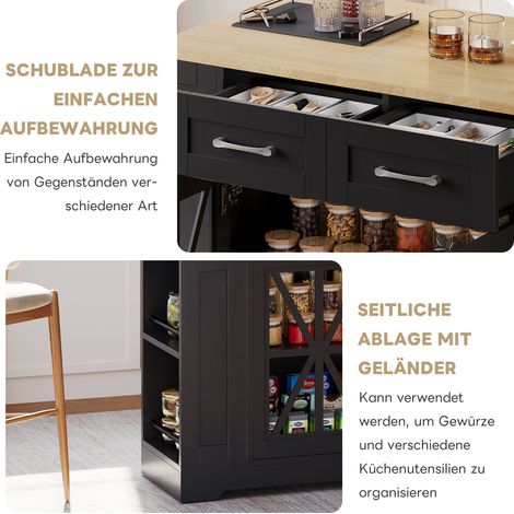Îlot cuisine portable 120cm table pliante,ports AC/USB,porte vitrée,roulettes à freins pour plusieurs espaces intérieurs. (1/5)