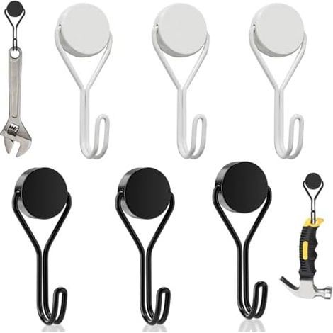 Magnetic Hooks, Pack of 6, Rotating Magnetic Hooks, 16mm Magnetic Hooks, For Grills, Kitchens, Lockers, Offices, Refrigerators, Black and White. (1/5)