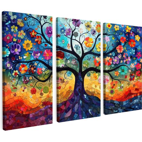 MULTI-PANEL WALL ART Trittico Set of 3 Colorful - Tree of life - Flowers - Abstract 120x80 cm