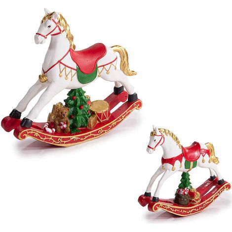 Decorazione di Natale a cavalluccio a dondolo in resina colorata con alberello e pacchi dono sulla base in set da due, Grande: cm 20 x 5 x 18,5 H