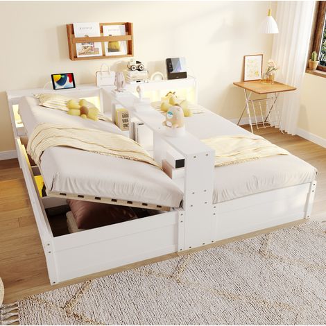 Lit multifonction modulable 90/180x200 cm en MDF blanc, avec tête de lit LED, prises intégrées et coffre hydraulique (1/5)