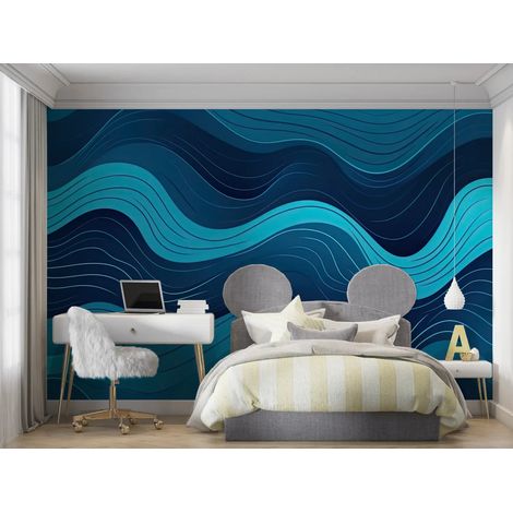 Papier peint geometrique vagues bleues modernes 1 - 400 x 260 cm (1/2)