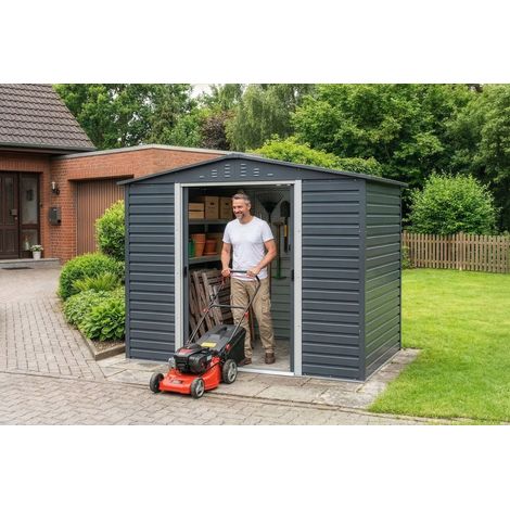 DURAMAX Metall-Gerätehaus Alpine 2,4x1,8m Gerätehaus aus Metall in Anthrazitgrau, Geräteschrank mit 0,31 mm Wandstärke Gartenhaus