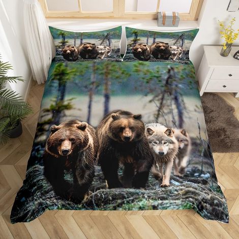 Housse de Couette Animaux des Bois, Parure de Lit 140x200 Adulte Ours Brun pour Chambre d'enfant, Sets de Housses de Couettes Loup Safari, Couvre Lit Jungle Arbres Vert Rustique - 140x200cm + 1 Taie O (1/5)