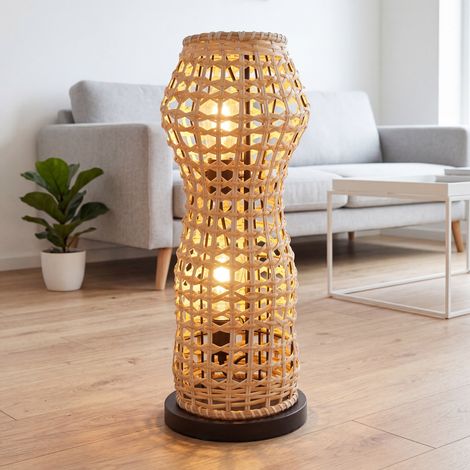 Bodenleuchte Rattan 60 cm Boho Design 2x E27 niedrige Stehlampe Wohnzimmer