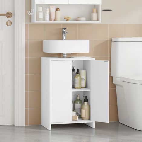 Meuble sous Lavabo, Meuble de Salle de Bain, 2 Portes, Étagère Réglable, Espace de Rangement Pratique, Indépendant, Style Minimaliste Moderne, Blanc (1/5)