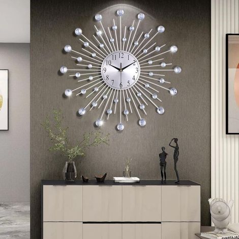 Horloge Murale Argenté Geante avec Strass, Metal Silencieuse Pendule Murale Moderne Nordic Décoration, Créative Design pour Salon Chambre Bar 56cm (1/5)