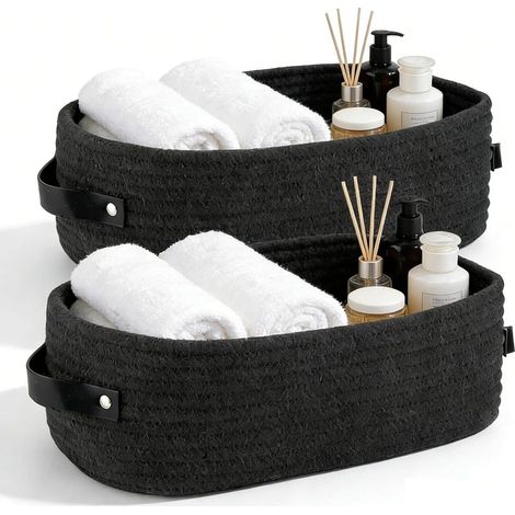 2 Pièces Panier de Rangement, Corde en Coton Panier Tressé, 33 x 15 x 10 cm Boite Rangement Salle de Bain, Paniers en Corde de Coton Multifonction Noir, pour Salle Bain, Chambre, Salon (1/5)