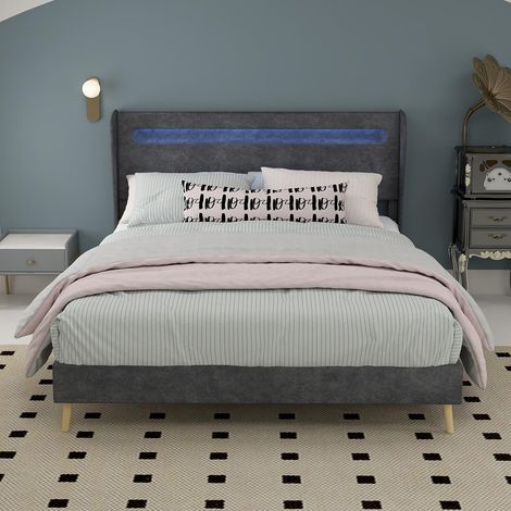 Lit rembourré moderne et minimaliste avec tête de lit souple à LED intégrée, 140 x 200 cm, gris, meuble de chambre multifonctionnel, sommier bas sans rangement (sans vérin à gaz), matelas non inclus. (1/5)