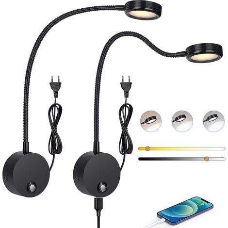 Wandleselampen – 2er-Set – Schwarzes Metall – Dimmbares Licht und USB-Anschluss – Für Schlaf- und Wohnzimmer – 360° drehbar (1/5)