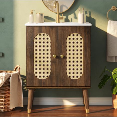 Meuble de salle de bain avec vasque 61 cm, en MDF et céramique, coloris noyer OKMYHOME (1/5)
