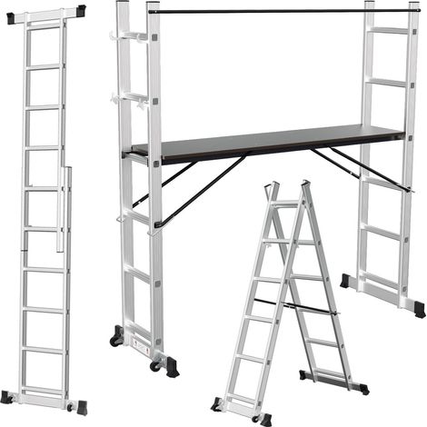 Jiubiaz Ponteggio multifunzionale in alluminio a 6 gradini, color argento, con piattaforma e rotelle, portata 150 kg (1/5)