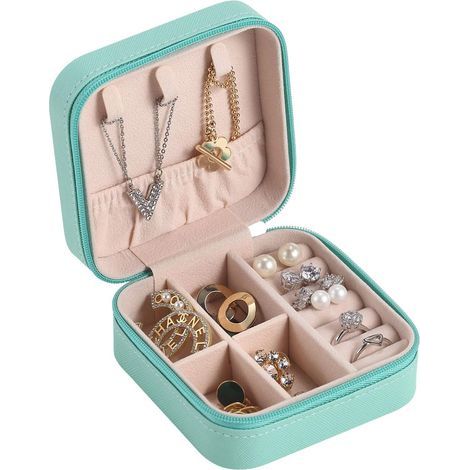 Boîte à bijoux de voyage, petite boîte à bijoux portable, organisateur de voyage, boîte de rangement, bague, boucles d'oreilles, collier, bracelet, cadeau pour femmes et filles, bleu (1/4)