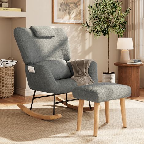 Fauteuil à bascule avec repose-pieds, fauteuil de relaxation pour salon avec poches latérales et coussin lombaire, fauteuil à bascule avec dossier haut, fauteuil d'allaitement, Gris (1/5)