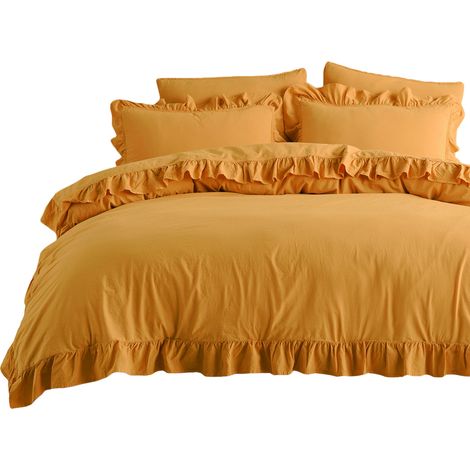 Bettwäsche-Set 160x200 cm, 100 % gekräuselte Baumwolle mit Rüschen, florales Gelb (1/5)