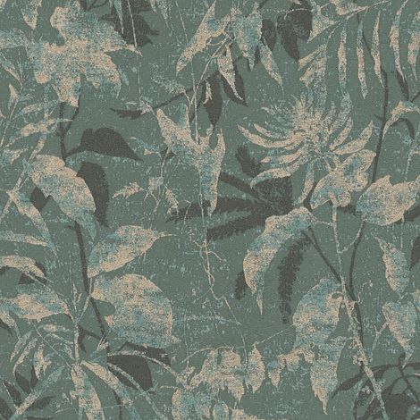 Papier peint nature Profhome 782035 papier peint intissé gaufré à chaud texturé avec des ornements floraux et des accents métalliques bleu vert-bleu or gris graphite 5,33 m2