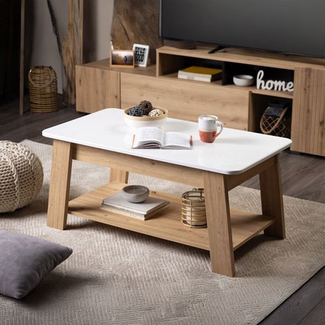 Mesa de centro Casaglia, un compartimento, forma rectangular, tablero blanco, 101x55x47h cm, blanco brillante (1/5)