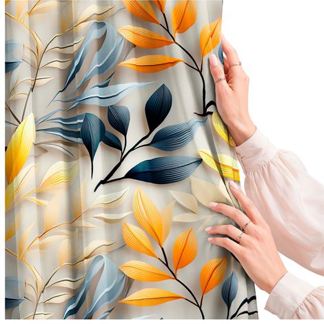 Rideau pour salon, cuisine, chambre, à œillets, 140 x 160 cm, rideaux prêts à poser, motif feuilles (1/5)