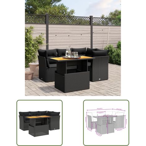 The Living Store Salon de jardin 5 pcs avec coussins noir résine tressée - Ensemble Salon De Jardin - Salon Extérieur - Meuble De Jardin - Résine Tressée - Rotin Synthétique (1/3)