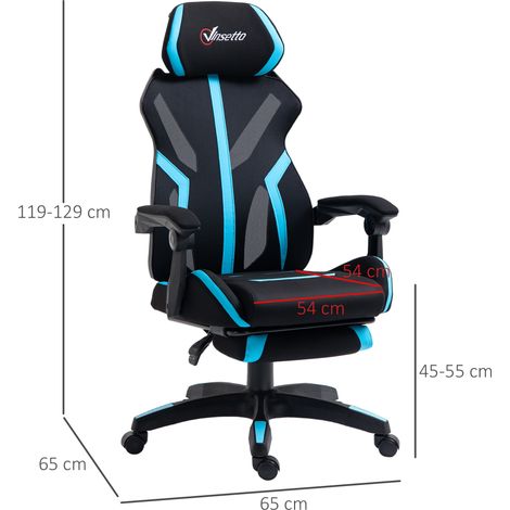 Vinsetto Gaming-Stuhl mit ausziehbarer Fußstütze, drehbarer Bürostuhl mit verstellbarer Rückenlehne, Kopfstütze und Höhenverstellung, 65 x 65 x 119–129 cm, Schwarz und Blau