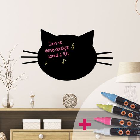 Sticker ardoise tableau noir - stickers muraux adhésif effaçable - TÊTE DE CHAT + 4 CRAIES LIQUIDES - 25x30cm (1/4)
