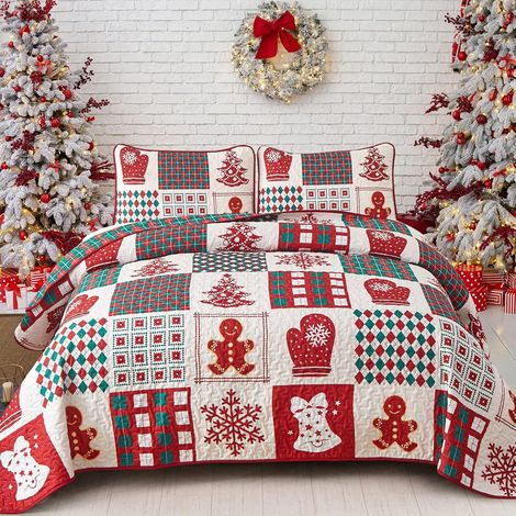 Weihnachts-Tagesdecke 240×260 cm, rotes Schneeflockenmuster, doppelseitig, gesteppt + 2 Kissenbezüge 50×75 cm
