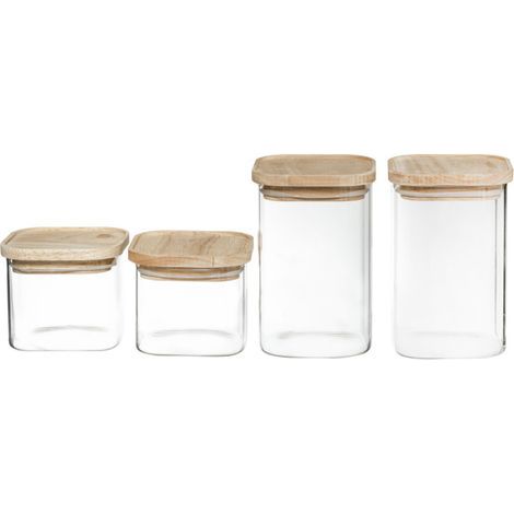 Lot de 4 Bocaux de rangement en verre et bois couvercle hermétique empilable Atmosphera - - (1/5)