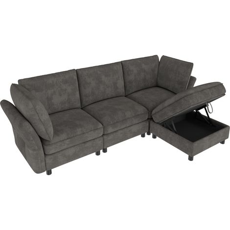 Sofá Esquinero Modular 4 a 5 Plazas con Otomana de Almacenaje, 2 Cojines, Chenilla Gris 225 × 137 × 84 cm (1/5)