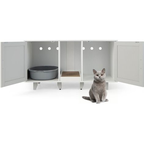 Katzenschrank fur katzentoilette mit 2 turen kratzbrett eingang 120 x 52 x 65 cm hellgrau