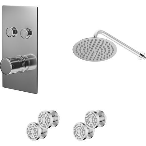 Circo Polished Chrome Push Button Diverter Concealed Thermostatic Shower Valve and 300mm Round Head with 345mm Wall Arm and 4 Body Jets - 2 Outlet (1/5)