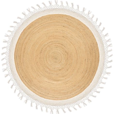 Tapis Boho Rustique en Jute ø 200 cm Naturel Tressé à la Main Rond Beige et Blanc Marts