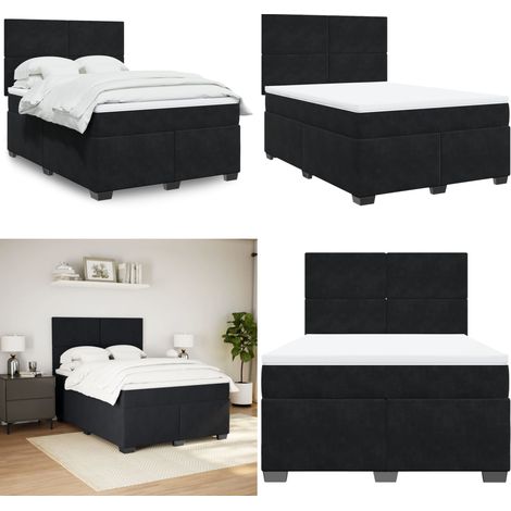 Sommier à lattes de lit avec matelas Noir 140x190 cm Velours - Lit Double - Literie - Matelas - Chambre À Coucher - Meuble De Chambre - Home & Living (1/5)