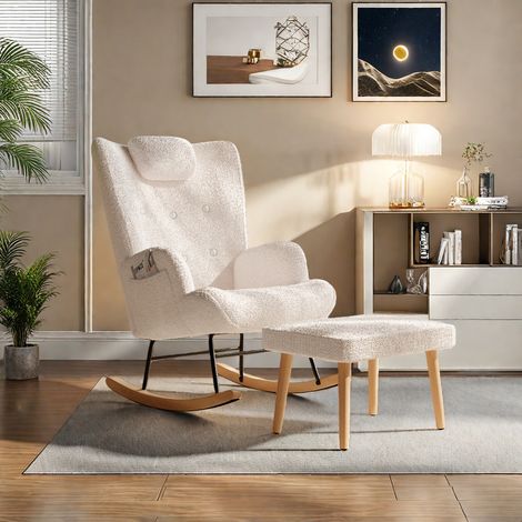 Fauteuil à bascule en peluche blanc - Dossier haut et accoudoirs rembourrés - Repose-pieds et poches latérales - Salon/chambre - Style scandinave