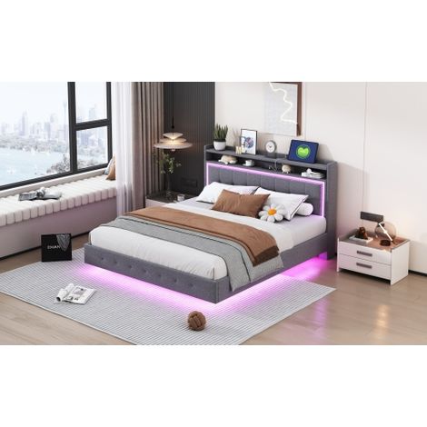 Lit rembourré , avec prise USB et lampe LED, sommier escamotable, pieds dissimulés, lit double plat