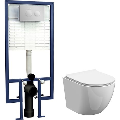 Baswich Round Wall Hung Toilet Pan, Soft Close Seat & Concealed Cistern with Round Push Button Plate, 323mm - Balterley