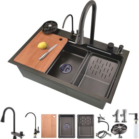 Évier de Cuisine, Cascade Multifonction, Evier de Cuisine à Comptoir Lavabo Acier Inoxydable avec Lave Verre (1/5)