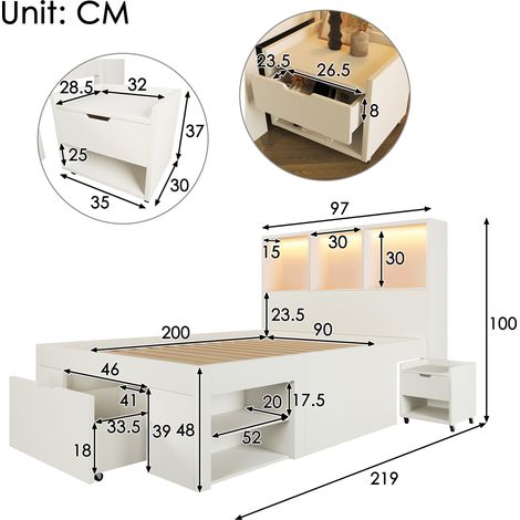 Lit simple en bois blanc 90x200 cm avec rangement, table de chevet mobile, éclairage LED et charge USB-C, tiroirs et étagères (1 pièce), lit ado sans matelas (1/4)