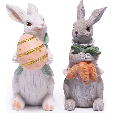 Set de 2 décorations lapins de Pâques en résine : lapin à l'œuf et lapin aux carottes, pour la maison (1/5)